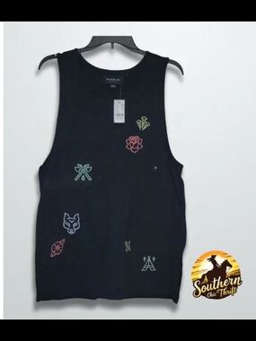 PacSun Black Graphic Muscle Tank with Neon Icons